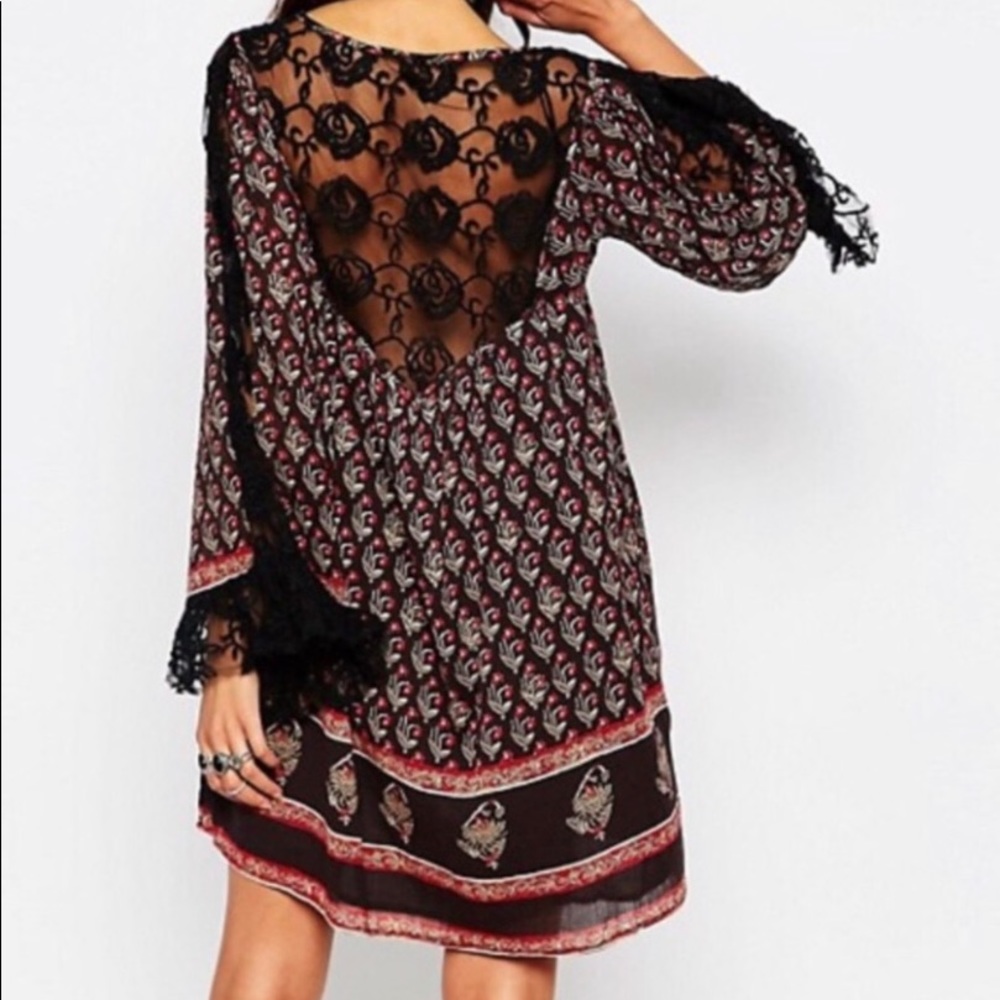 Free People Nomad Child Boho Black Floral Lace Detail Dress Tie Tassel Neck